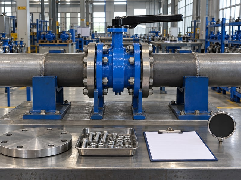 butterfly valve handle orientation: illustrative enclosed manual valve beside separate isolation-planning components and a blank work record
