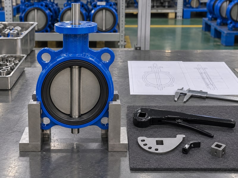 butterfly valve handle orientation: illustrative separate lever hub and position plate prepared for a controlled indexing inspection