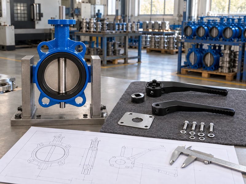 butterfly valve handle orientation: illustrative separate lever components beside an independent valve for a mounting-change review