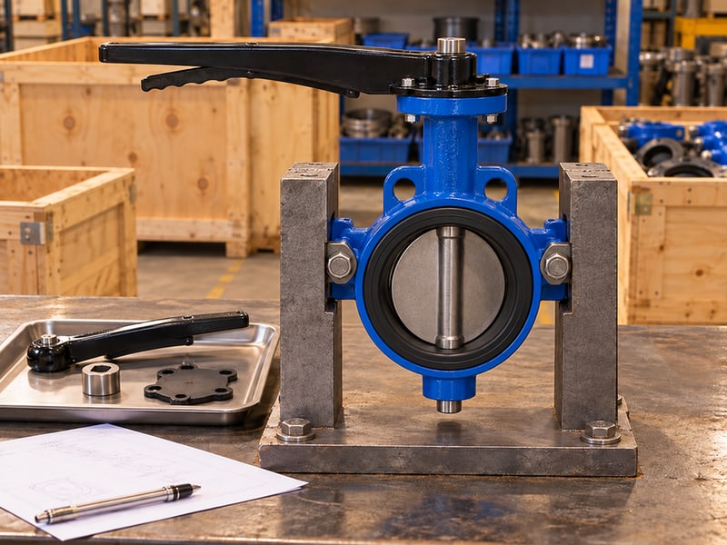 butterfly valve handle orientation: illustrative supported direct-handle valve and separate spare components beside a maintenance record