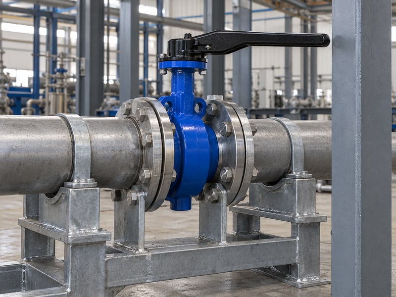 butterfly valve handle orientation: illustrative direct lever near an adjacent frame member during an external clearance review