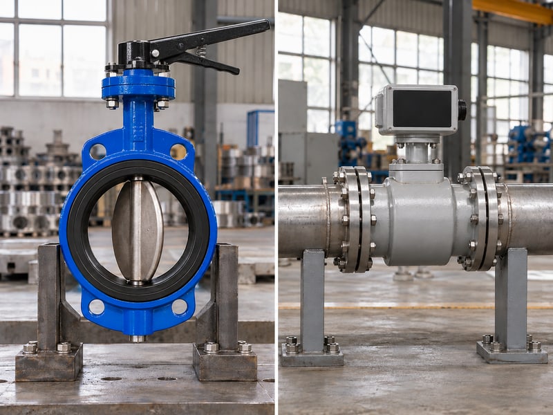 butterfly valve handle orientation: illustrative qualitative photos contrasting a lever setting with a separate flow-measurement assembly