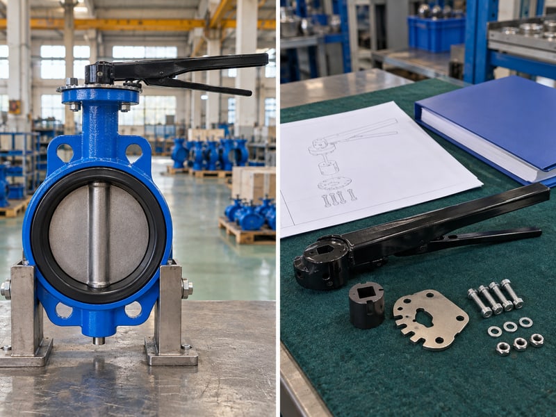 butterfly valve handle orientation: illustrative paired photos of a supported lever assembly and separate interface documents and spare parts