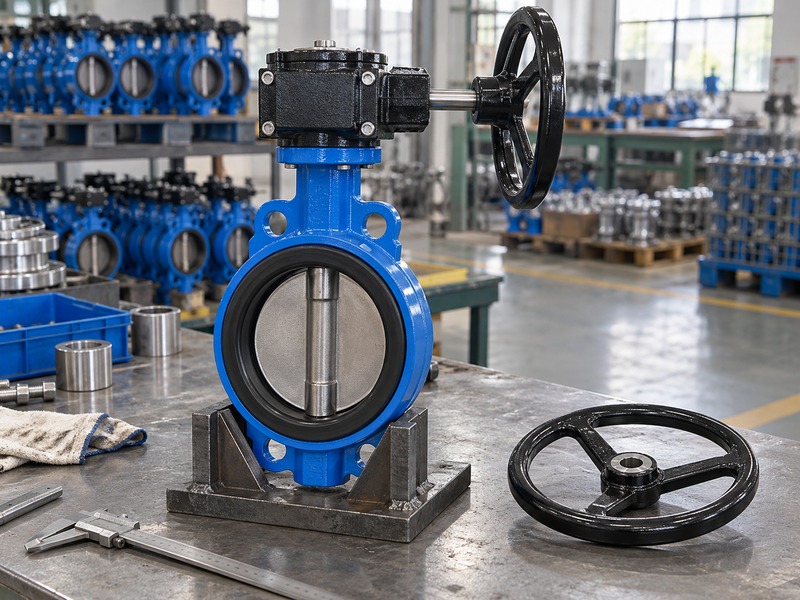 butterfly valve handwheel dimensions: assembled operator beside a separate spare wheel