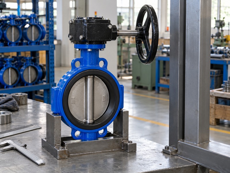 butterfly valve handwheel dimensions: wheel envelope beside a fixed mock-up obstruction