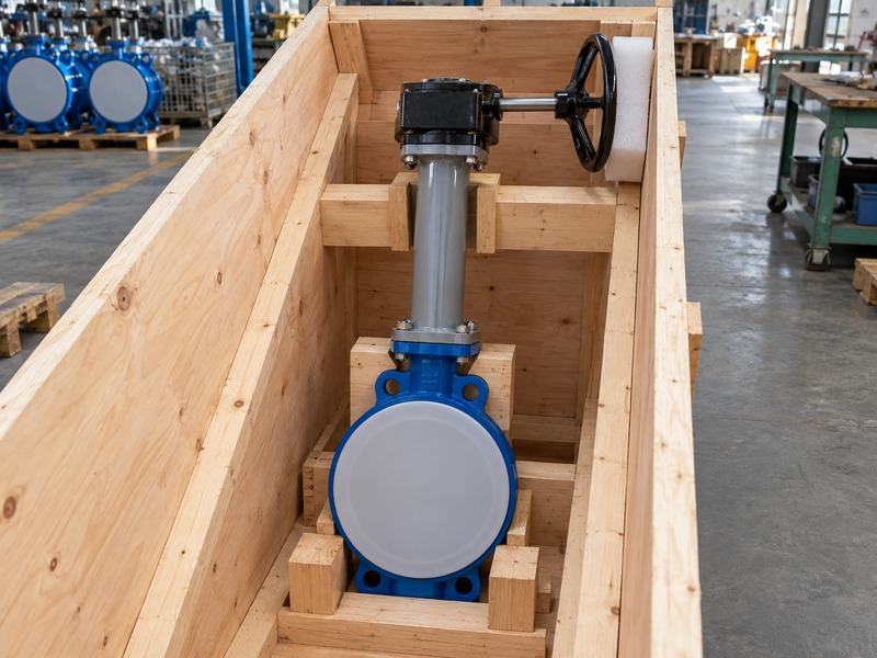 butterfly valve handwheel extension: body and support tube restrained inside a protected shipping crate