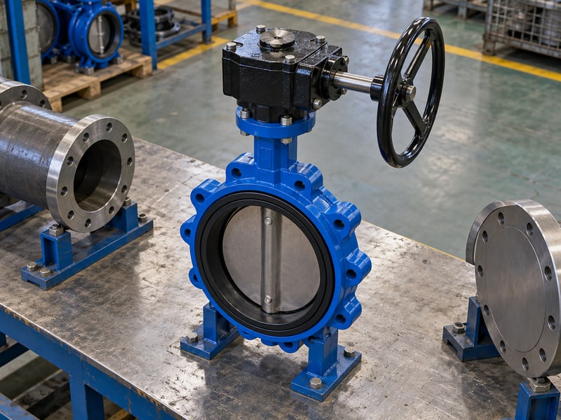 butterfly valve handwheel orientation: illustrative upright valve with worm gearbox above the vertical stem and a perpendicular horizontal handwheel input