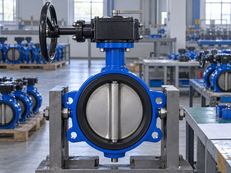 butterfly valve handwheel orientation: illustrative front operating view of a handwheel and separate blank mechanical position pointer