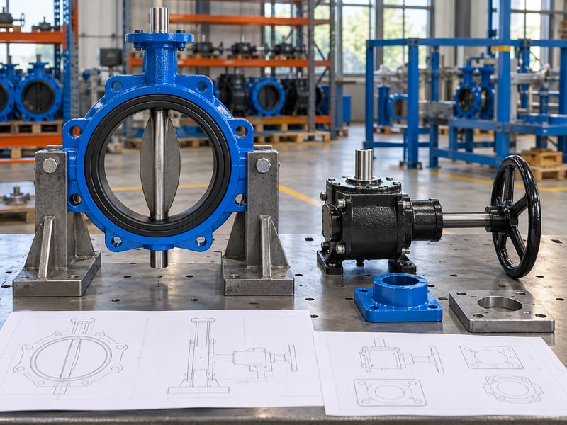 butterfly valve handwheel orientation: illustrative standalone valve beside a separate worm gearbox, mounting adapter and anonymous interface drawings