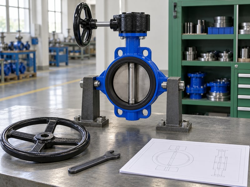 butterfly valve handwheel orientation: illustrative supported gear-operated valve beside a separate larger handwheel and blank effort review records