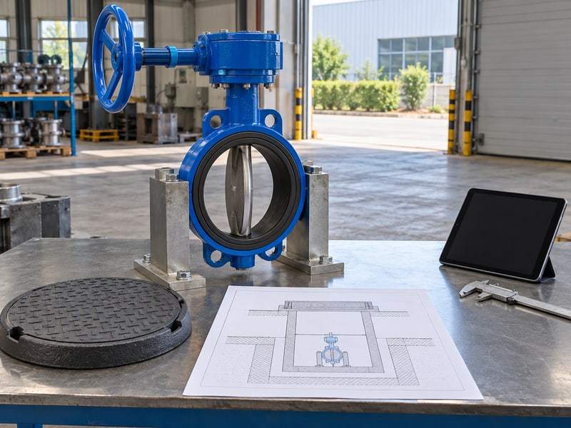butterfly valve handwheel orientation: illustrative supported handwheel valve beside a separate closed access-cover sample and anonymous pit layout sketches