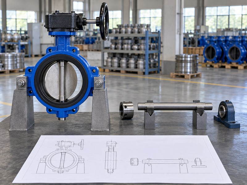 butterfly valve handwheel orientation: illustrative gear-operated valve beside a detached supported extension shaft and separate coupling components