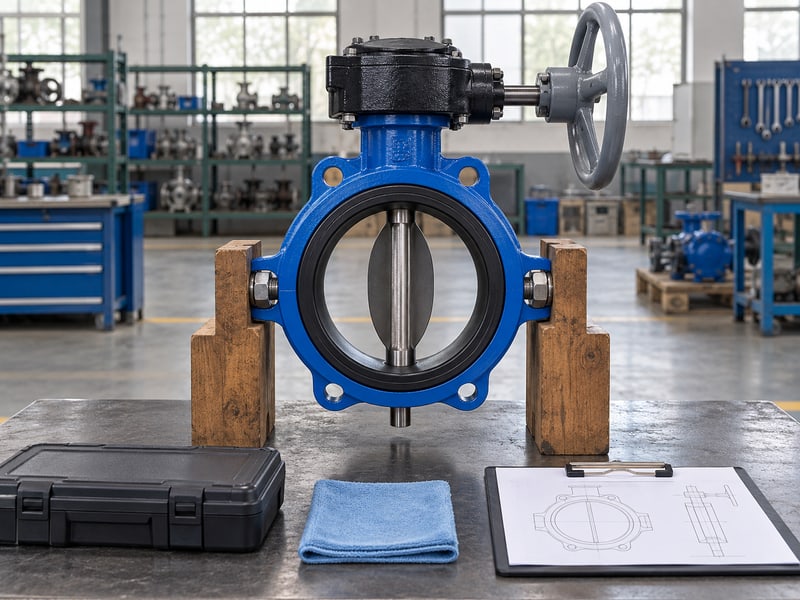 butterfly valve handwheel orientation: illustrative supported gear-operated valve with clear wheel access beside closed maintenance tools and blank records