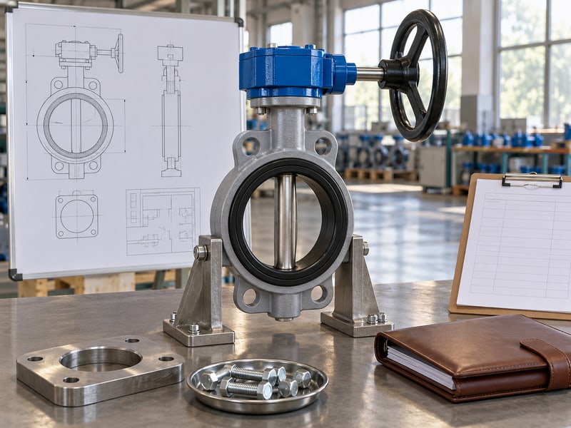 butterfly valve handwheel orientation: illustrative gear-operated valve beside anonymous operating-space sketches and blank purchase configuration records