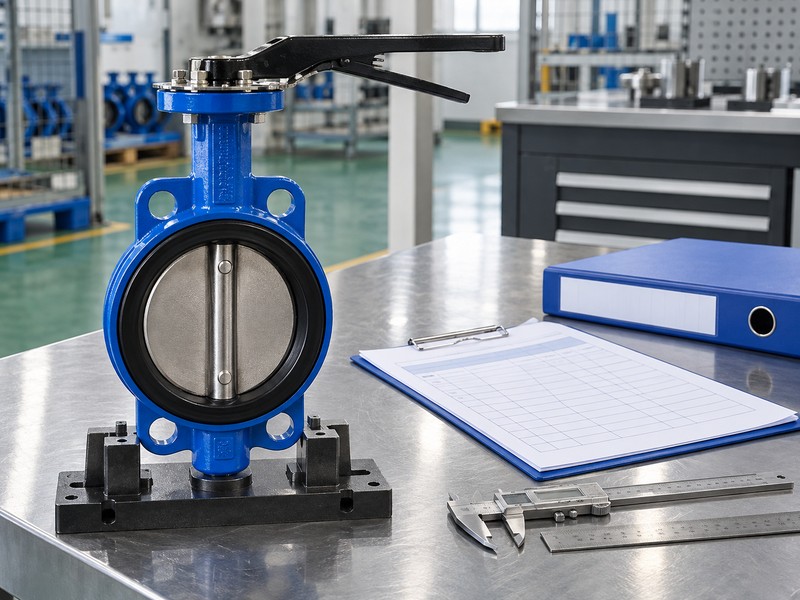 butterfly valve inside illustration showing inspection paperwork and measuring tools for shipment release