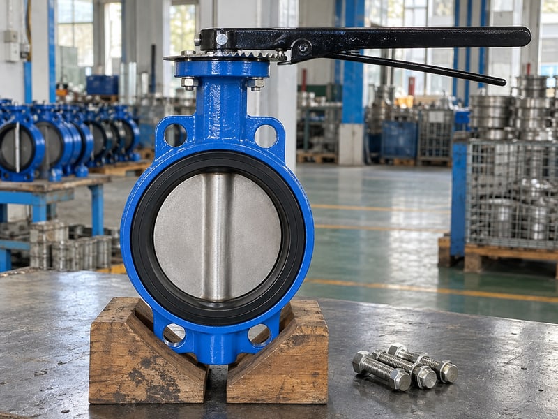 butterfly valve installation orientation: closed disc and direct handle on a supported valve