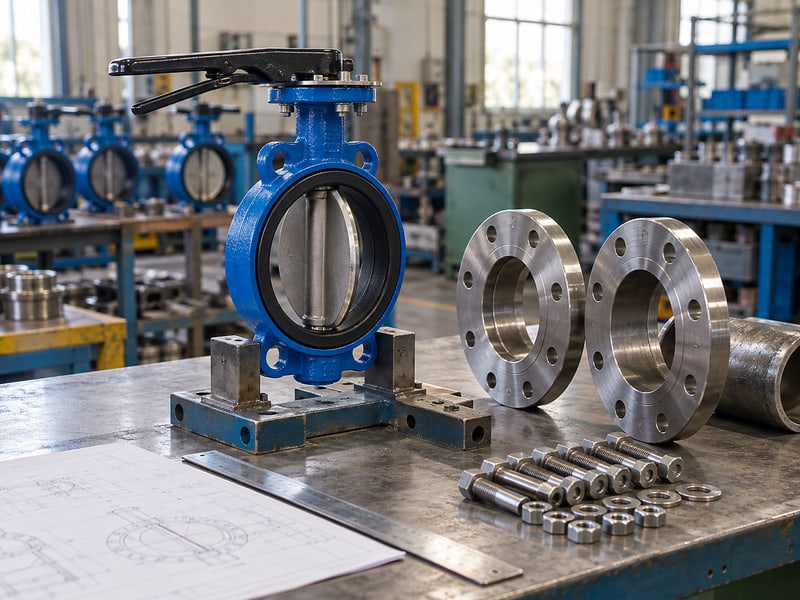 butterfly valve installation orientation: illustrative wafer valve on a fit-up stand beside companion flanges, a short pipe section and interface drawings