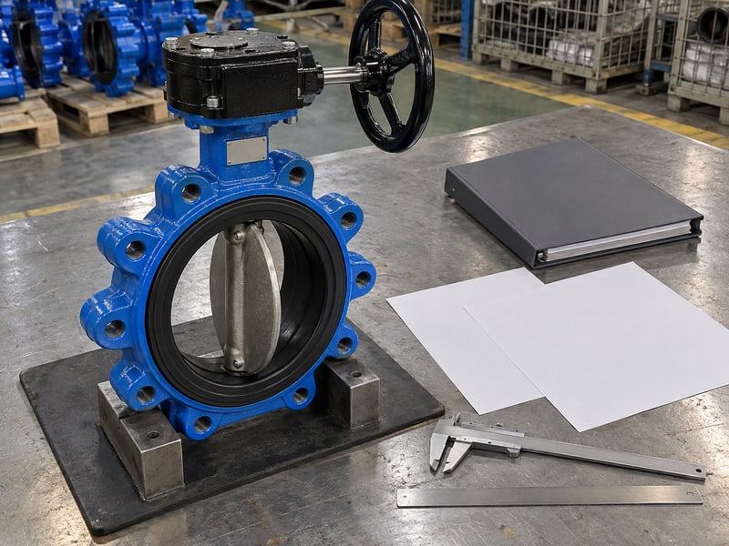butterfly valve installation orientation: illustrative lug valve, blank document folder and measuring tools prepared for installation review
