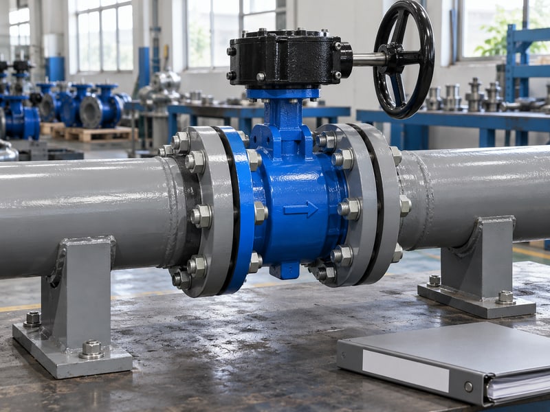 butterfly valve installation orientation: illustrative cast direction mark on a valve body between aligned and supported pipe flanges