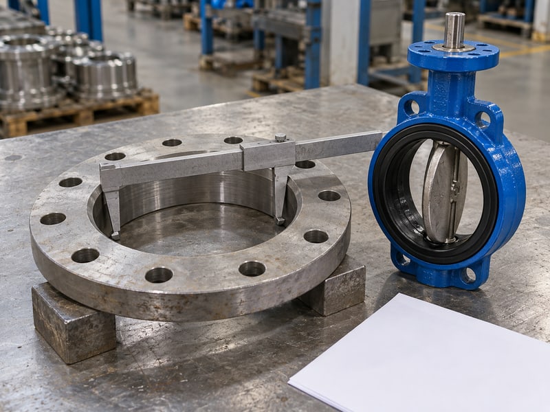 butterfly valve installation orientation: illustrative companion flange bore and wafer disc compared with an internal measuring tool