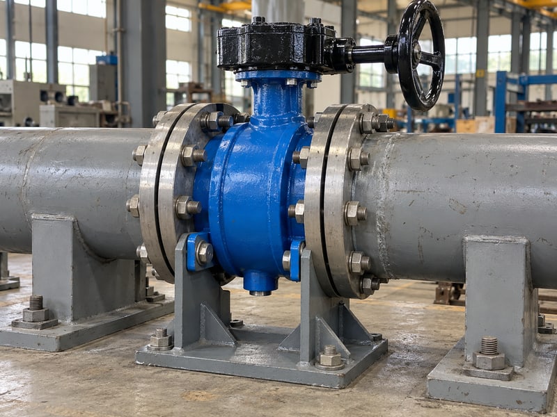 butterfly valve installation orientation: illustrative wafer valve body held by a dedicated saddle between independently supported coaxial pipes
