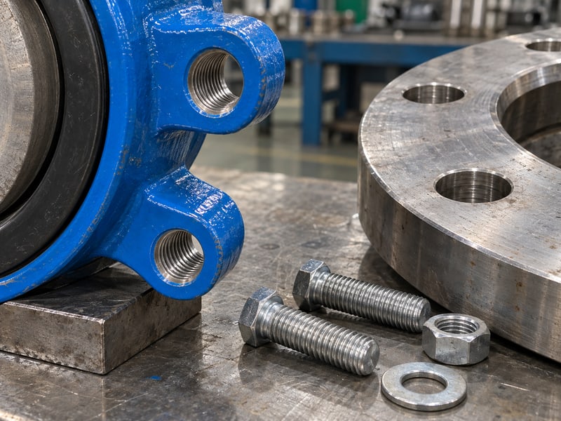 butterfly valve installation orientation: illustrative threaded lug holes and companion flange bolts arranged for fit inspection