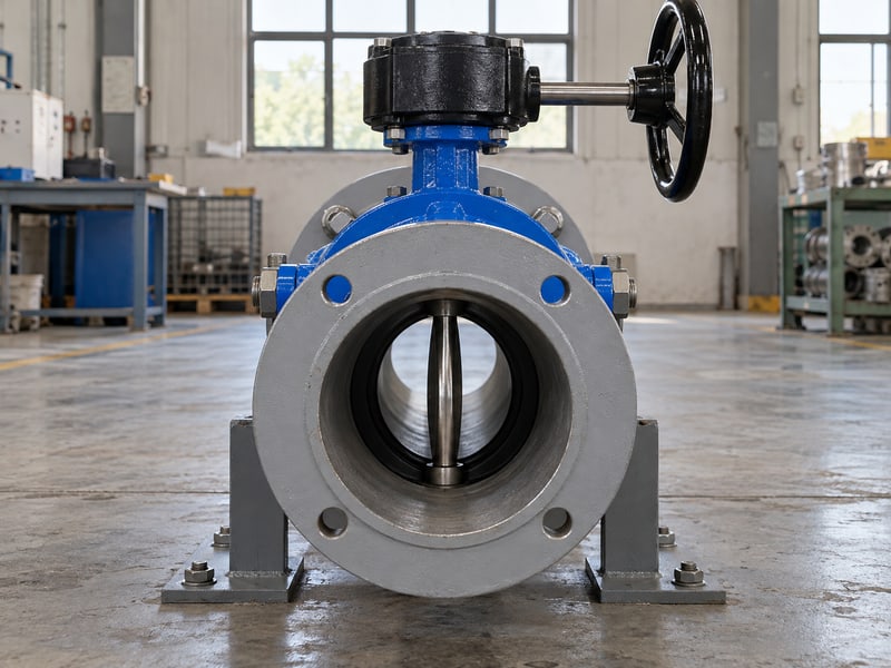 butterfly valve installation orientation: illustrative open disc and internal bore clearance in a supported unpressurized pipe assembly