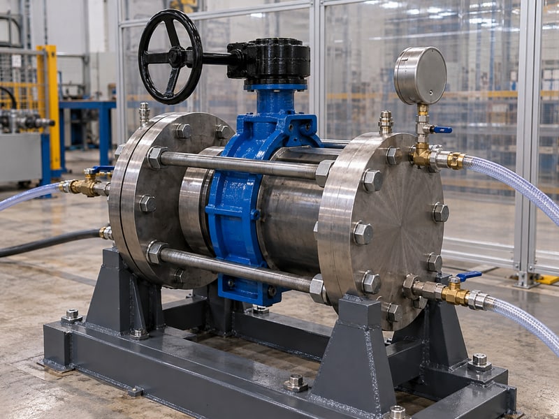 butterfly valve installation orientation: illustrative restrained valve test assembly with filling and vent fittings and an unreadable gauge
