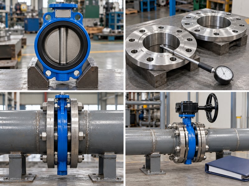 butterfly valve installation orientation: illustrative four-photo matrix of valve identity, flange bore, preclamp fit and service access