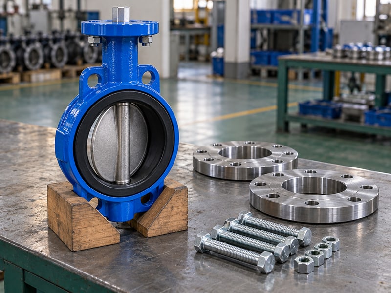 butterfly valve installation orientation: supported butterfly valve beside loose flanges and fasteners