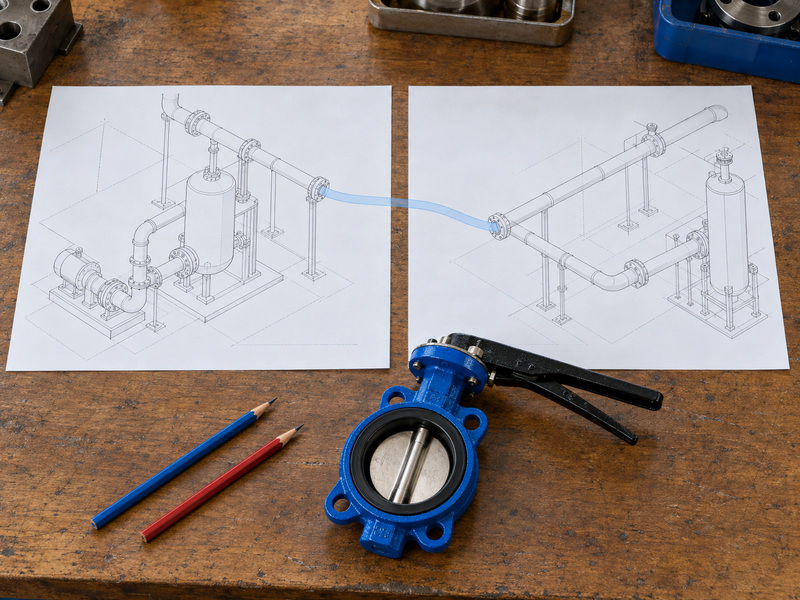 Two piping drawings beside a wafer valve for butterfly valve isometric symbol cross-checks