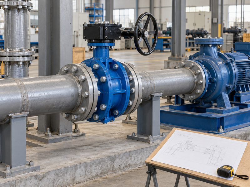 Gear-operated flanged valve beside a pump for butterfly valve isometric symbol layout checks