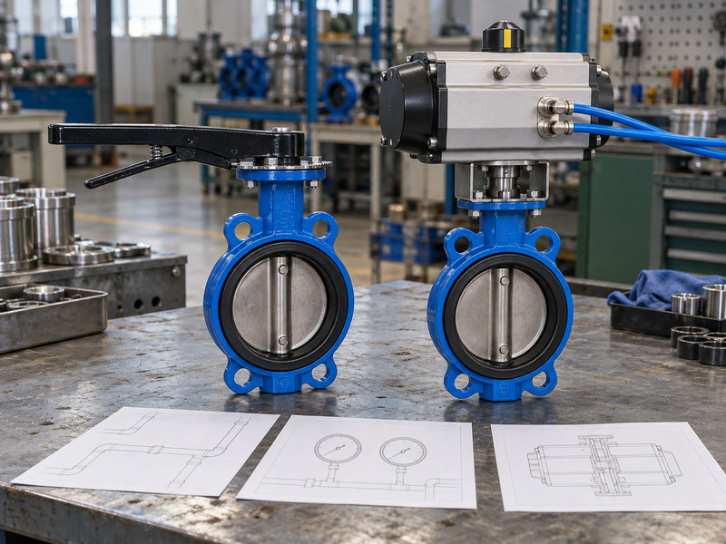 Manual and pneumatic valve assemblies for butterfly valve isometric symbol operator checks