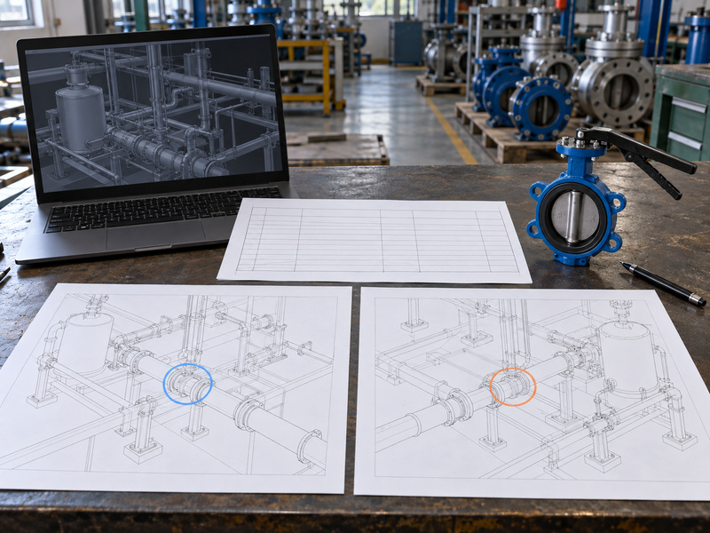 CAD model and piping drawings compared during butterfly valve isometric symbol revision review
