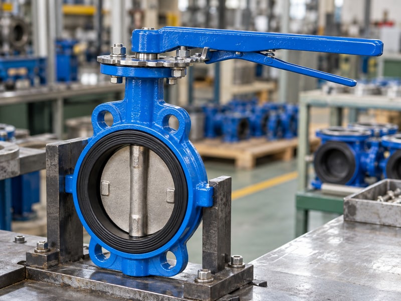 butterfly valve lever orientation: illustrative direct valve lever, detent plate and visible shaft on a fixed inspection stand