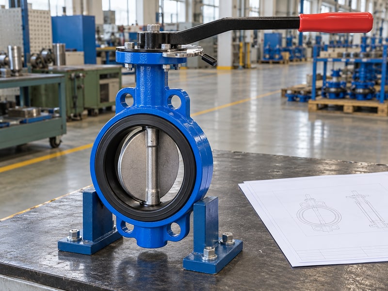 butterfly valve lever orientation: illustrative supported lever-operated butterfly valve with clear grip space beside an anonymous layout sheet