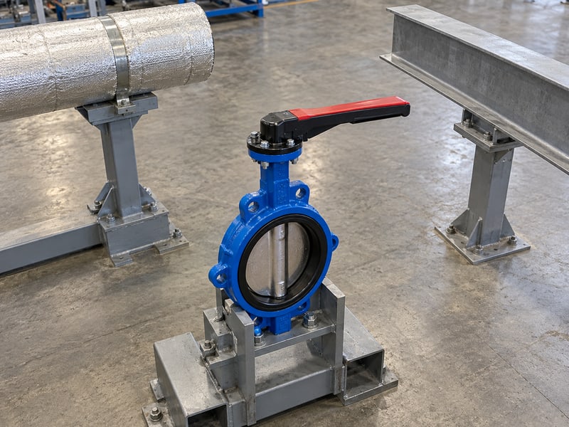 butterfly valve lever orientation: illustrative independent lever valve beside separately supported insulated pipe and beam with visible clearance