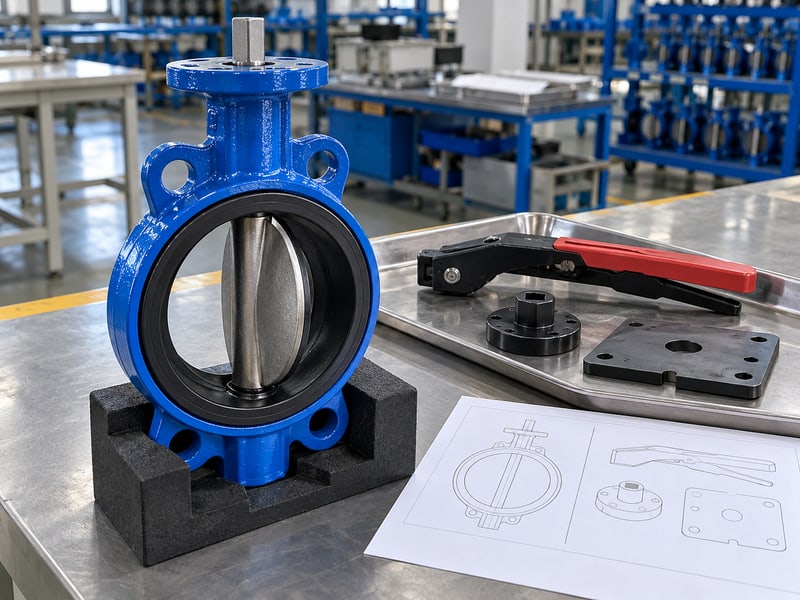 butterfly valve lever orientation: illustrative unmounted lever, hub and plate beside a supported valve with exposed stem and disc reference