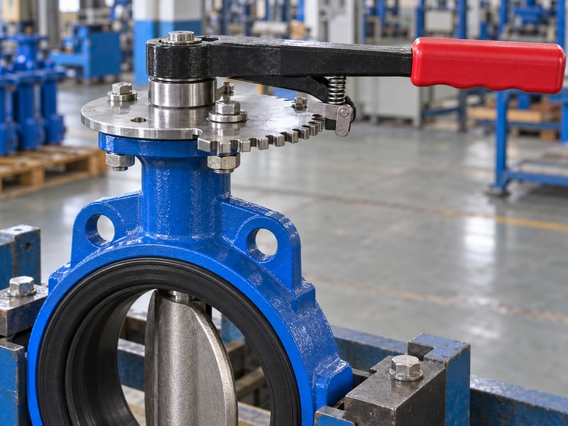 butterfly valve lever orientation: illustrative lever latch and unmarked detent plate on a supported butterfly valve operator