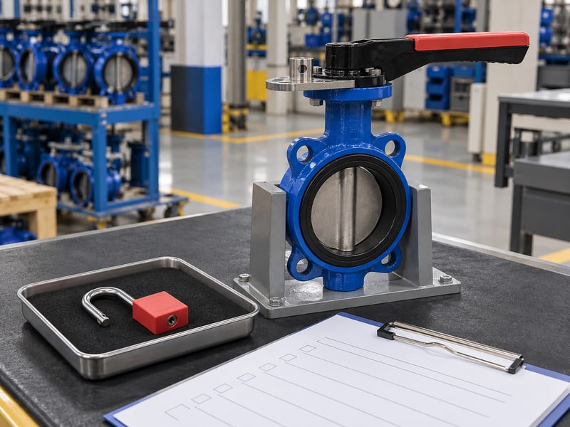 butterfly valve lever orientation: illustrative separate unmarked padlock body and shackle beside a supported lever valve and blank access review sheet