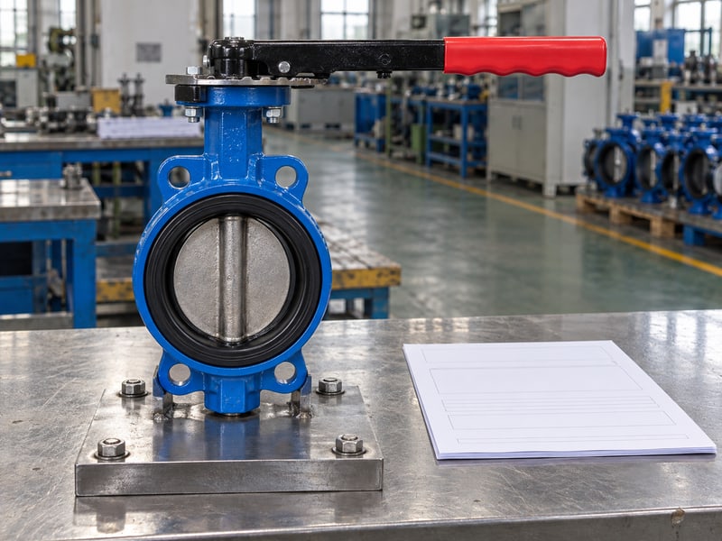 butterfly valve lever orientation: illustrative standard unextended lever with clear grip access on a supported butterfly valve beside blank selection records