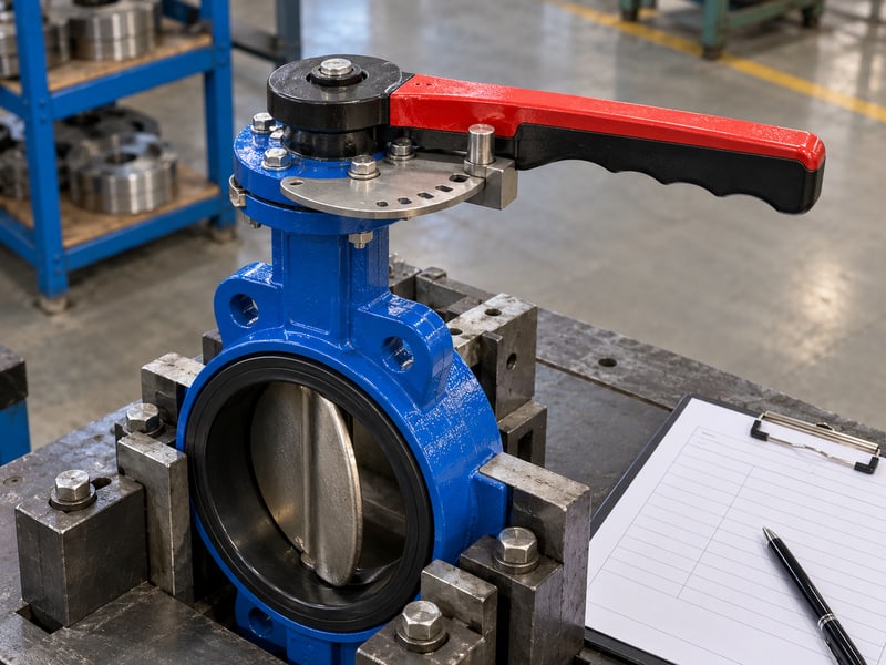 butterfly valve lever orientation: illustrative retained lever hub and unmarked endpoint plate beside a blank maintenance record