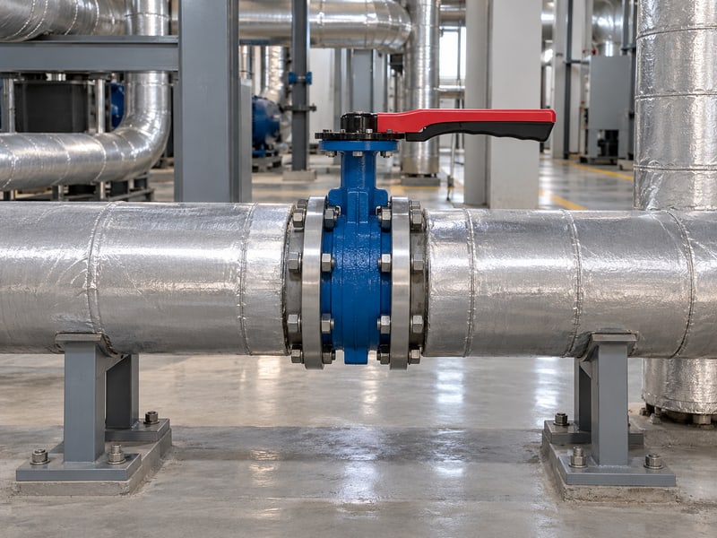 butterfly valve lever orientation: illustrative lever-operated valve installed between supported coaxial insulated pipes beside a clear operating aisle
