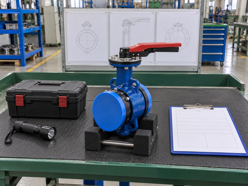 butterfly valve lever orientation: illustrative stationary covered lever valve beside a closed tool case, unused flashlight and blank inspection records