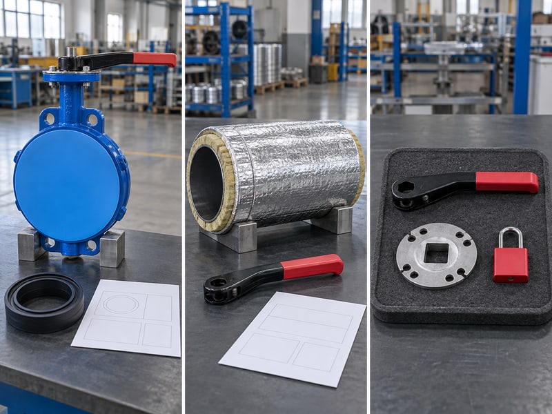 butterfly valve lever orientation: illustrative qualitative photo matrix of covered lever valve service records, layout parts and separate locking components