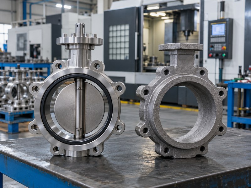 butterfly valve manufacturer: a rough valve body beside a machined valve assembly.