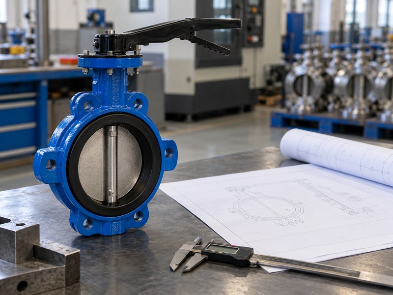 butterfly valve manufacturer: valve and drawing prepared for dimensional review.