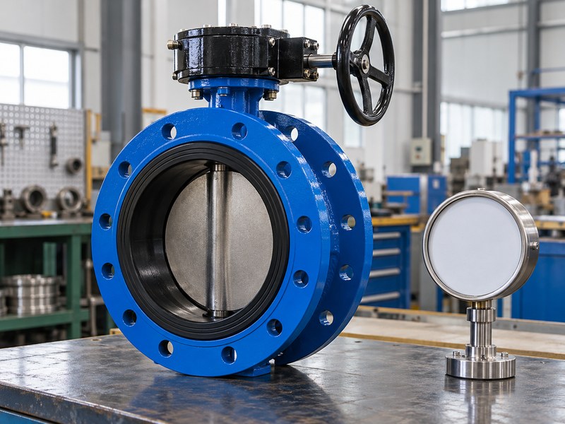 butterfly valve manufacturer: flanged valve beside a disconnected instrument.