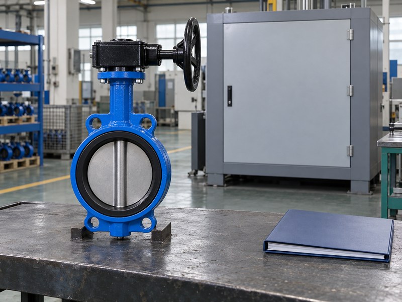 butterfly valve manufacturer: disconnected valve beside a closed test cabinet before inspection.
