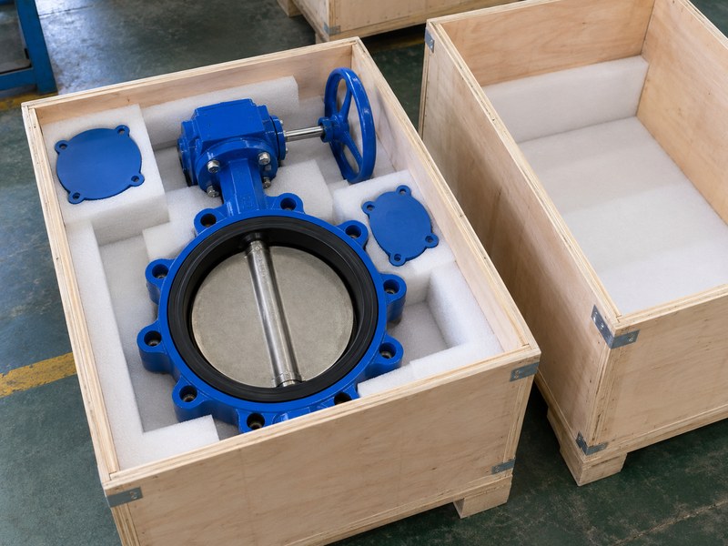butterfly valve manufacturer: packing preparation with face covers beside the valve.